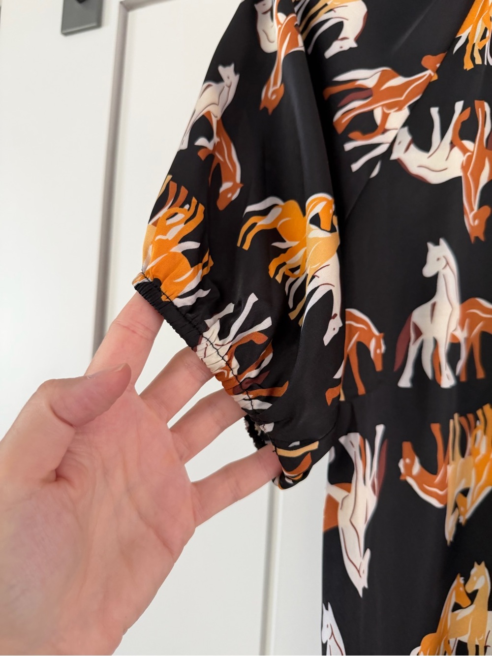 THML Black and Brown Horse Print Satin Blouse Top - Picture 5 of 9